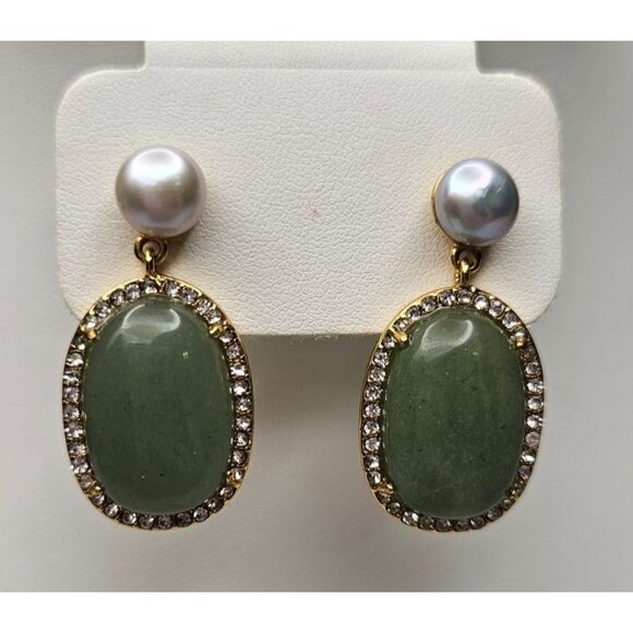 J Crew Large Baldwin Pave Stone Freshwater Pearl Drop Apple Green Earrings - Picture 1 of 5